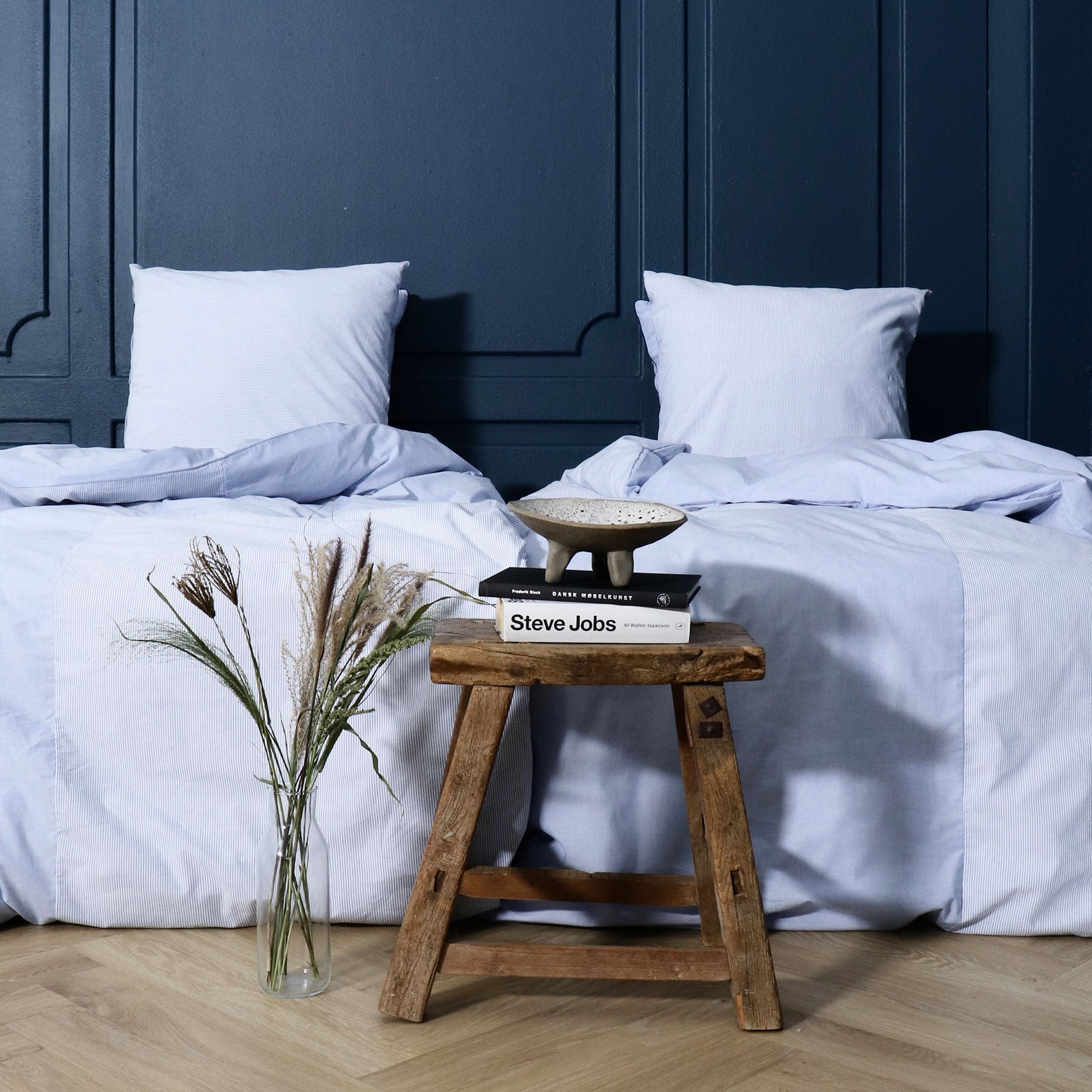 Mini strib patchwork sengetøj 140x200 cm blå